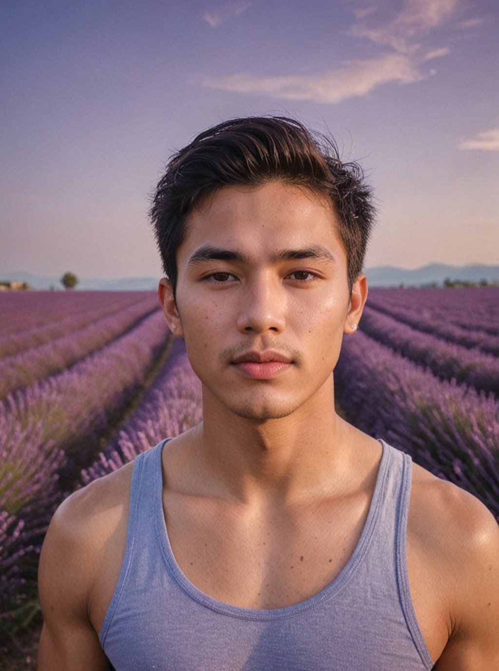 emphasis focal point photography, Handsome young man with Thai features, 29 years old, posing in a vast Lavender field against an endless blue sky horizon. He stands strong, showcasing his toned physique, wearing  purple 
particles of optical fiber,  His cheeky, mischievous expression is lit by the alluring sunlight, highlighting his healthy lips. ,Eye level perspective,emphasizing upper body details and strict facial features,high-impact strictly face detail, lifelike person, extremely realistic, blurred foreground  enhancement ,(Create detailed and sharp lips),  overview atmosphere photo shot 