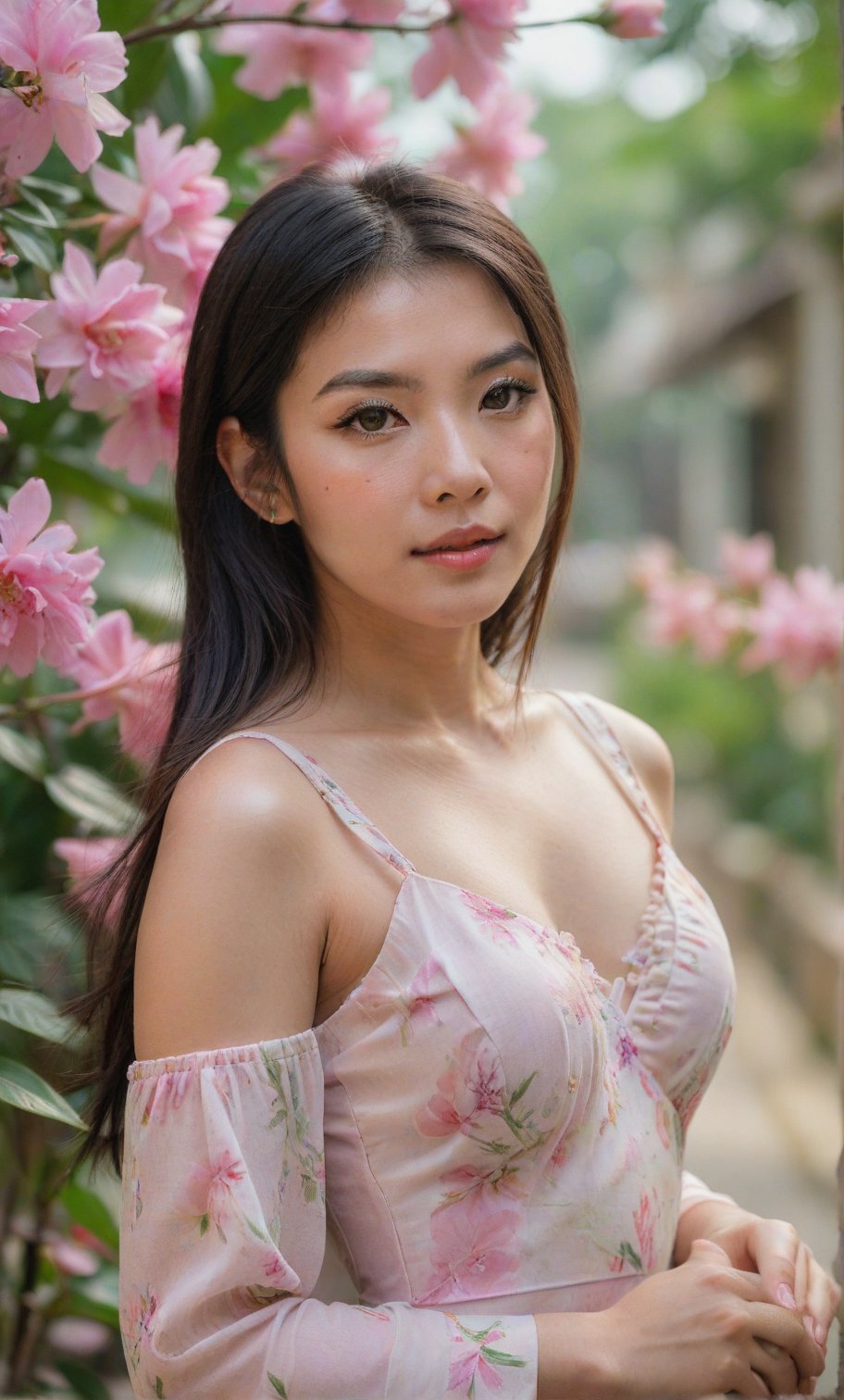 A solo Thai girl, with long black hair framing her face, looks directly at the viewer from outdoors. She wears a soft pink dress with rose pattern, showcasing her toned upper body. A bouquet of pink flowers, including a prominent pink rose is held delicately in her hands, with a clear space between each hand. Her facial features are accentuated by black eyes and subtle facial hair. The blurred background and focused pink flower in the foreground create a dreamy atmosphere, drawing attention to her captivating gaze,thgirl, perfect eyes 