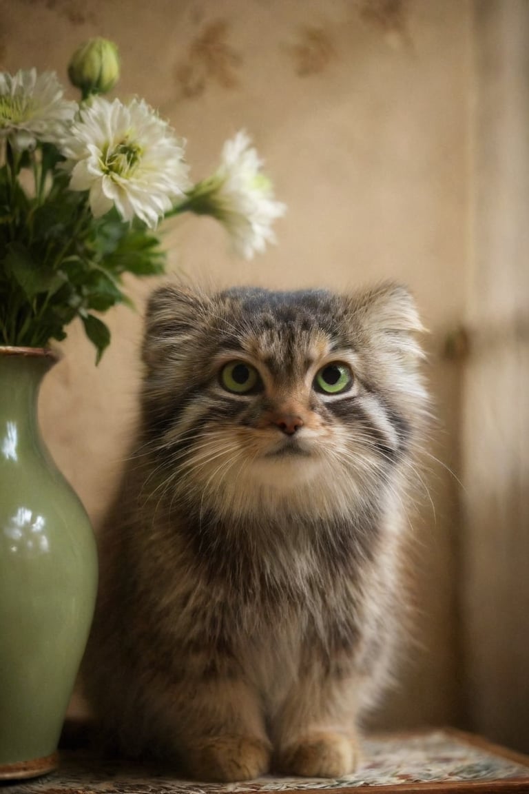 looking at viewer, green eyes, flower in the backdrop , indoors, blurry, no humans, animal, siberian cat, realistic, lamp, animal focus, vase, whiskers, 