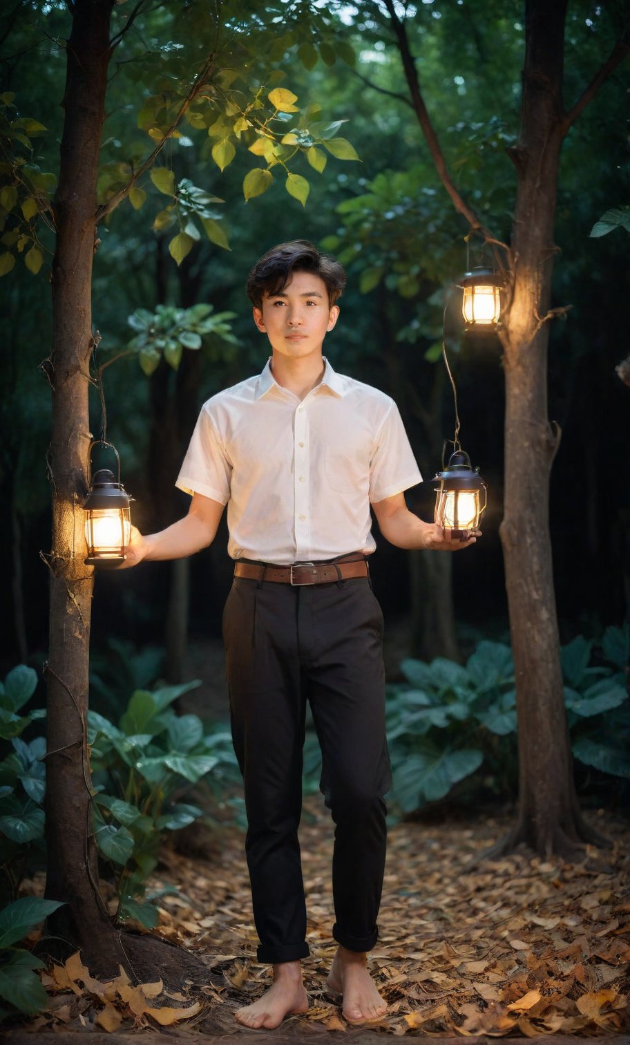 solo, short hair, shirt, black hair, 1boy, holding, standing, full body, white shirt, short sleeves, male focus, outdoors, barefoot, collared shirt, belt, pants, tree, leaf, black pants, plant, nature, forest, arm at side, lantern, holding lantern