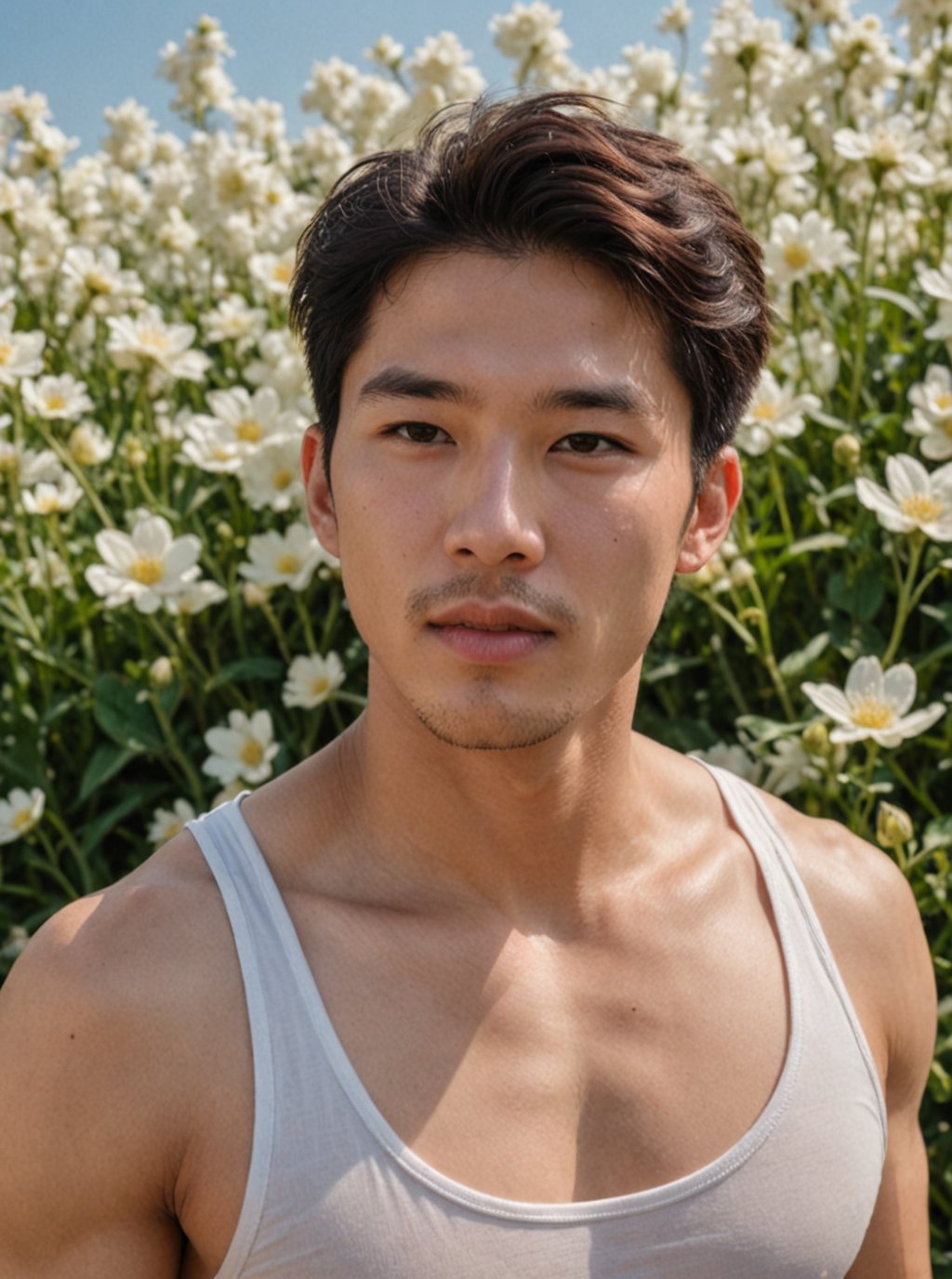 Handsome young man with Korean features, 29 years old, posing in a vast white  flowers field against an endless blue sky horizon. He stands strong, showcasing his toned physique and six-pack abs. His cheeky, mischievous expression is lit by the alluring sunlight, highlighting his healthy lips. Sony A7III captures the scene with precision using the  TTArtisan 100mm F2.8  Soft Bokeh Lens Full Frame ,Wide-Angle,Eye level perspective,emphasizing upper body details and strict facial features,high-impact strictly face detail, lifelike person, extremely realistic,  wearing white tank top,  perfect libs with sharp rendering 