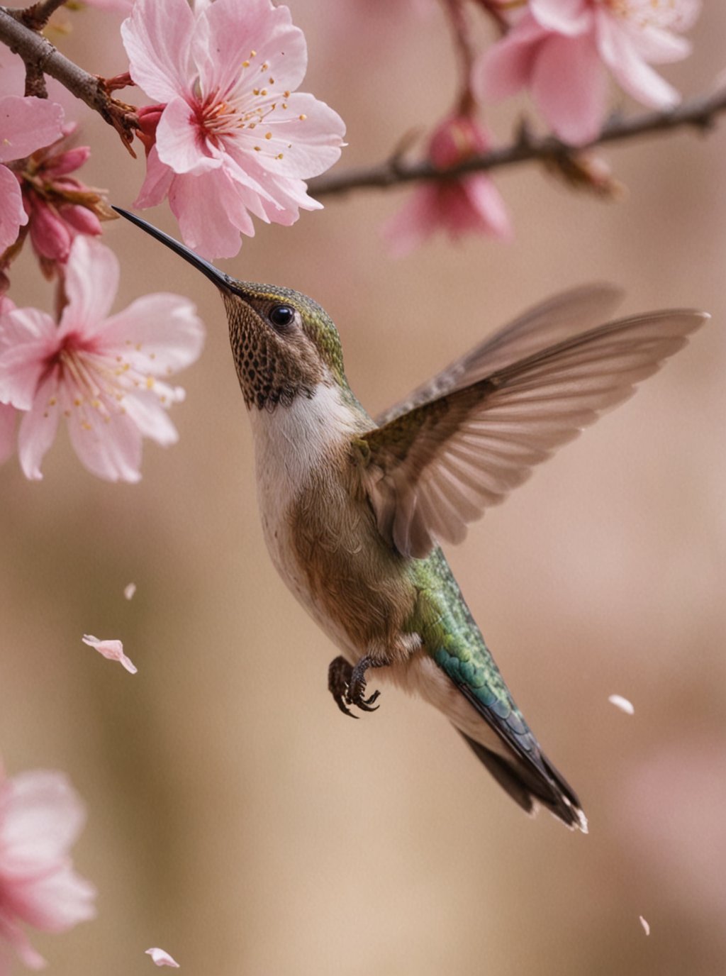 Macro photo, cherry blossom petals fluttering in the air, softly blur  foreground enhances, blurred background, Hummingbird flying 