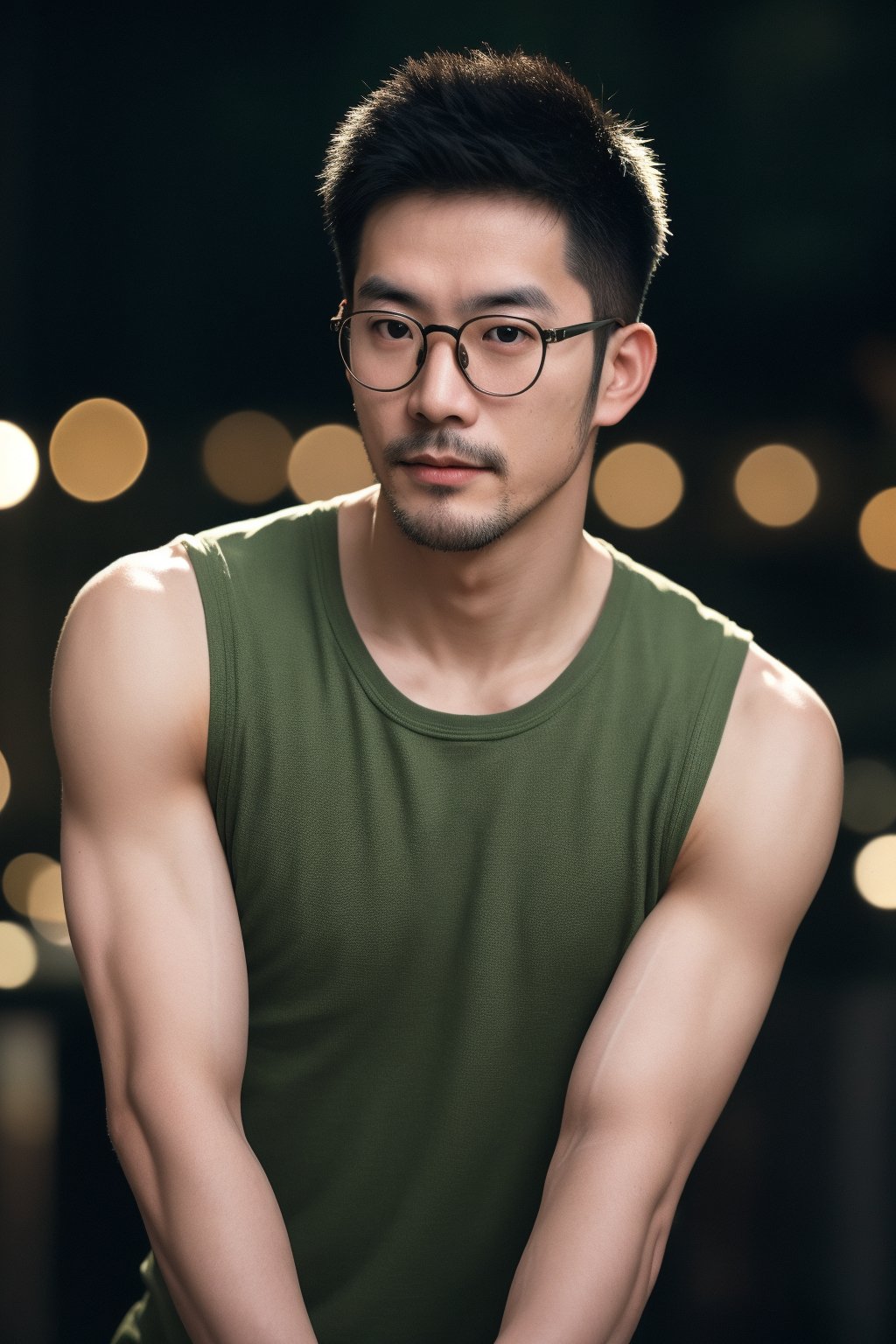 Taiwanese man,glasses , handsome , stubble, male focus, cinematic lighting, film photography,Muscle, army tank top,perfect  proportions, malformed limbs, extremely realistic person, strictly skin texture, strictly face detail, TTArtisan 100mm F2.8 Soap Bubble Bokeh Lens texture 