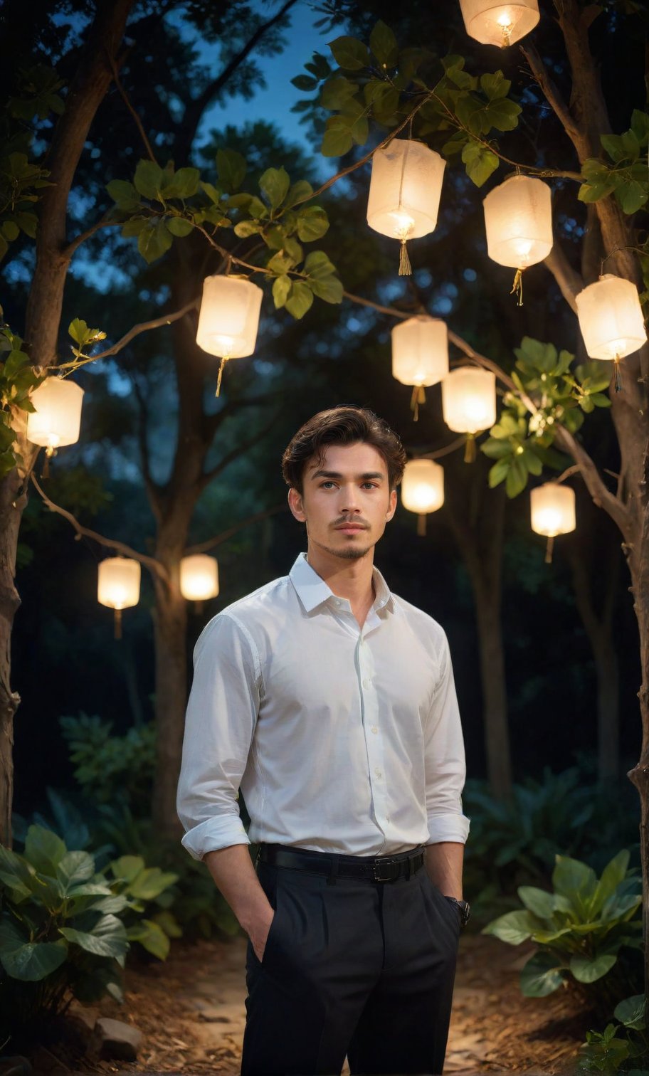 solo, looking at viewer, shirt, black hair, 1boy, holding, white shirt, male focus, outdoors, collared shirt, pants, tree, facial hair, leaf, plant, lantern, realistic, lamp, holding lantern, strict facial features, score_8_up, score_7_up, score_6_up, score_5_up, High-quality detailing, 4K resolution captures,  night deep darkness surrounding him 