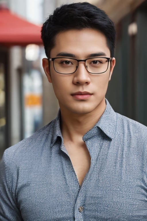 Asian man,handsome ,glasses ,stubble,upper body, muscle ,realistic