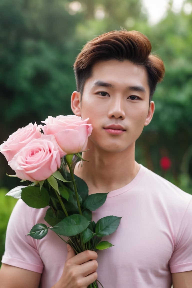 evelyn roses, garden,tall as he waist,
Young chinese man stands tall and smelling the evelyn rose, his muscular in soft pink t-shirt. He is holding a bouquet of flowers wrapped in paper. His striking eyes, lock intensely camera, while full and pink lips,Stubble,blonde hair, dynamic pose ,Bokeh by F1.4 Lens,soft bokeh bulr, man and woman 