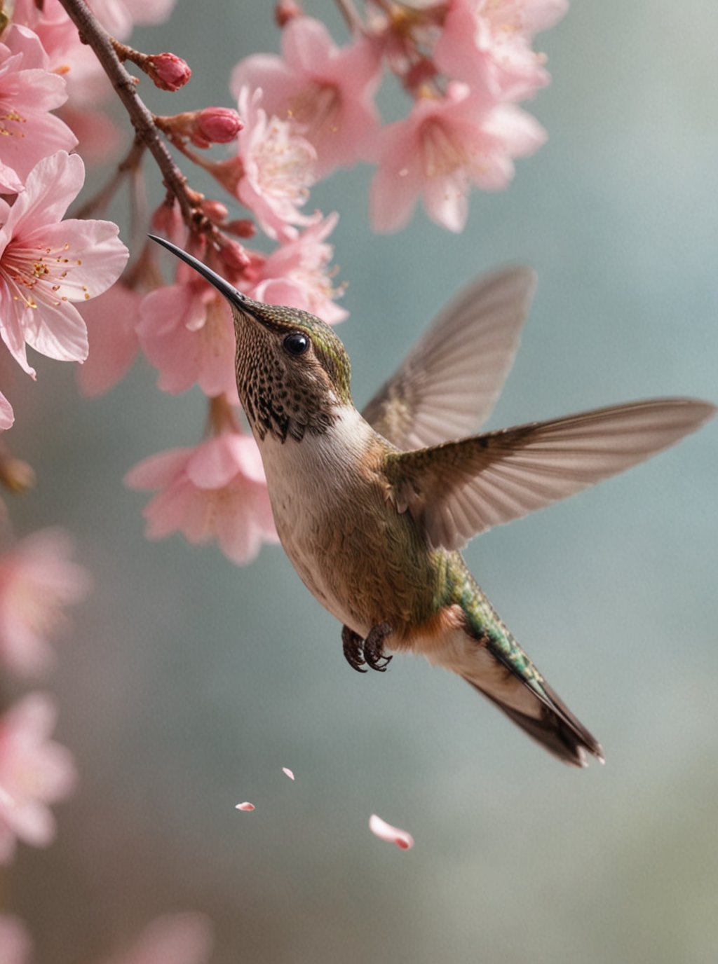 Macro photo, cherry blossom petals fluttering in the air, softly blur  foreground enhances, blurred background, Hummingbird flying,  lifelike photo, Ultra-realistic display 