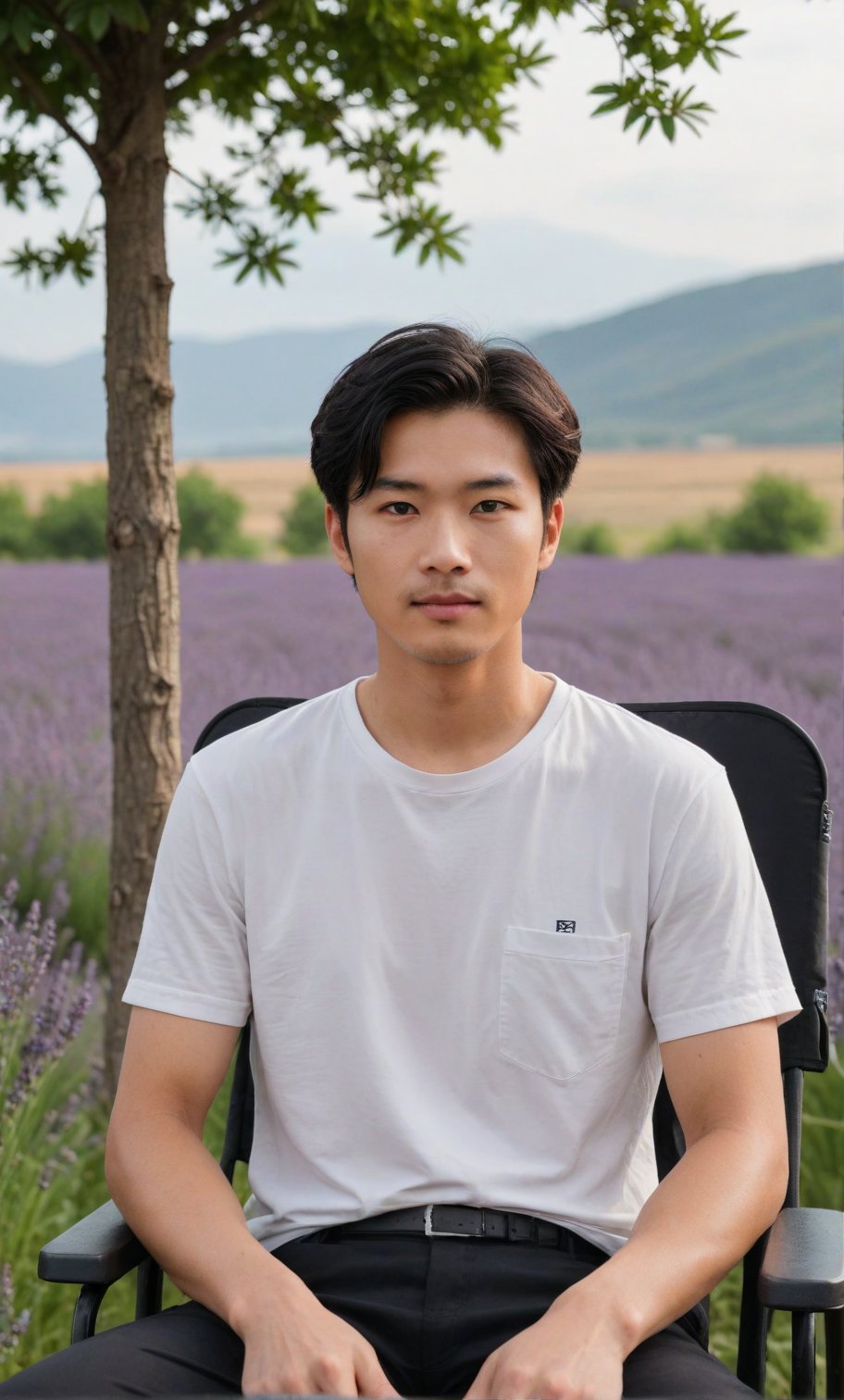 solo, looking at viewer, short hair, black hair, 1boy, white shirt, upper body, sae of flower,short sleeves, male focus, an endless deep horizon background, black eyes, lavender, facial hair, realistic Lavender, lavender,Handsome Taiwanese, 

Sit next coffee cup on camping chair with smart pose against the Lavender field backdrop,black pants,

(((High-impact point: performance detailed of fingers ))), fingers, hand fingers 