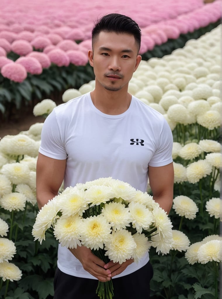 Against the vibrant backdrop of a multi rows of white chrysanthemums((( small size flowers.),The flower stalk is as high as the waist, a statuesque chinese man farmer stands tall, his muscular in white t-shirt. He is holding a bouquet of chrysanthemums wrapped in paper. His striking eyes, lock intensely camera, while full and pink lips,Stubble adds a rugged touch to his chiseled features. blonde hair, he exudes confidence in a dynamic pose that seems to defy gravity. The overall atmosphere is one of mystique and intensity. Bokeh by F1.4 Lens 