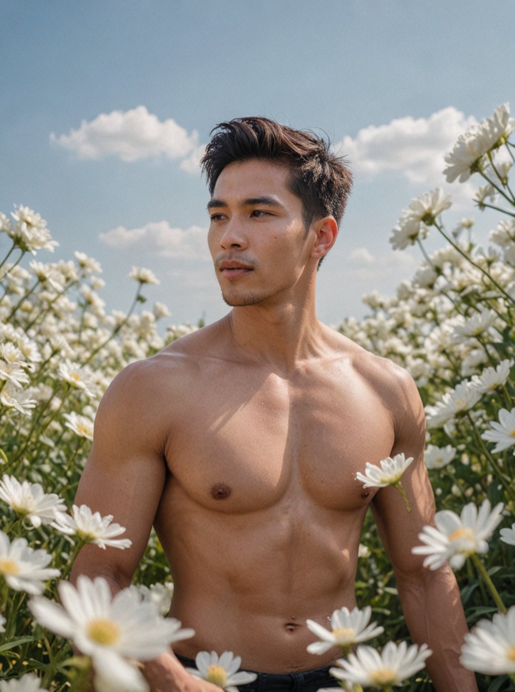 emphasis focal point photography, Handsome young man with Thai features, 29 years old, posing in a vast white  flowers field against an endless blue sky horizon. He stands strong, showcasing his toned physique and six-pack abs. His cheeky, mischievous expression is lit by the alluring sunlight, highlighting his healthy lips. Sony A7III captures the scene with precision using the  TTArtisan 100mm F2.8  Soft Bokeh Lens Full Frame ,Wide-Angle,Eye level perspective,emphasizing upper body details and strict facial features,high-impact strictly face detail, lifelike person, extremely realistic, blurred foreground  enhancement 