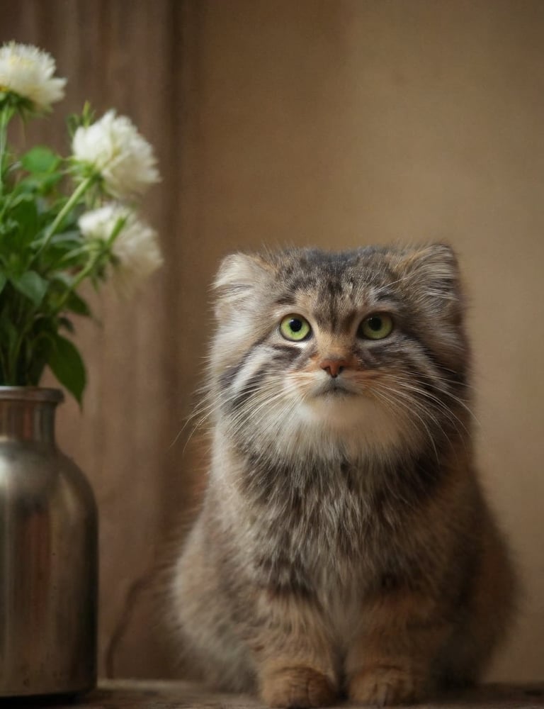 looking at viewer, green eyes, flower in vase backdrop , indoors, blurry, siberian cat, realistic, lamp, animal focus,  