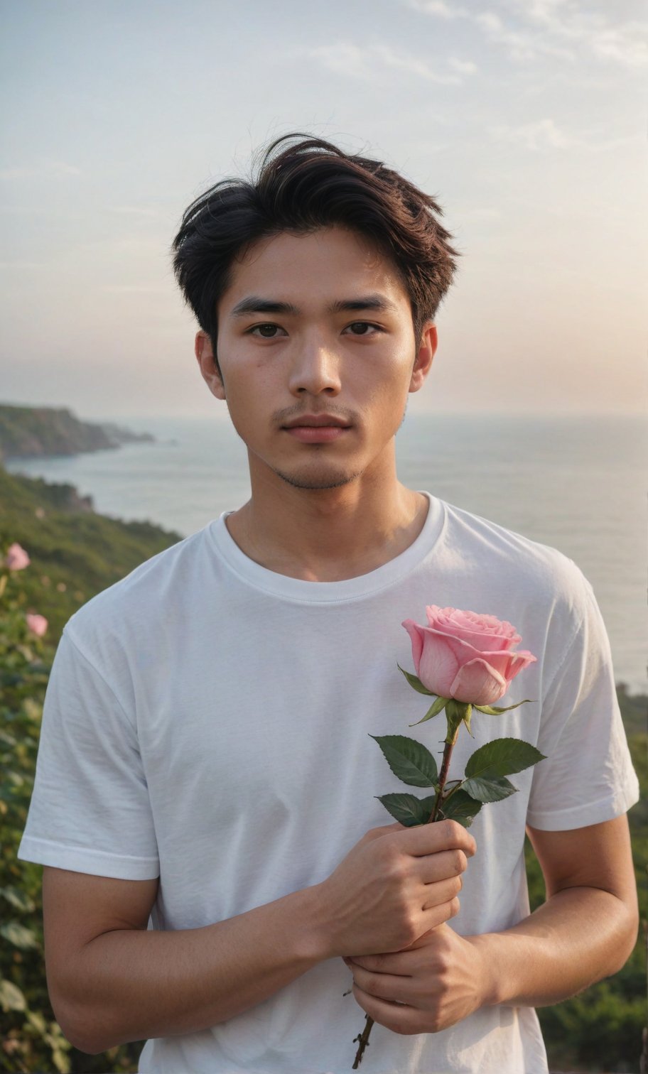 solo, looking at viewer, short hair, black hair, 1boy, white shirt, upper body, sae of flower,short sleeves, male focus, outdoors, an endless deep horizon background, blurry, black eyes, blurry background, rose, facial hair, t-shirt, pink flower, bouquet, realistic, pink rose,Handsome  Taiwanese, held roses in him arms, be sure he hand position is had a clear space between hand.,island