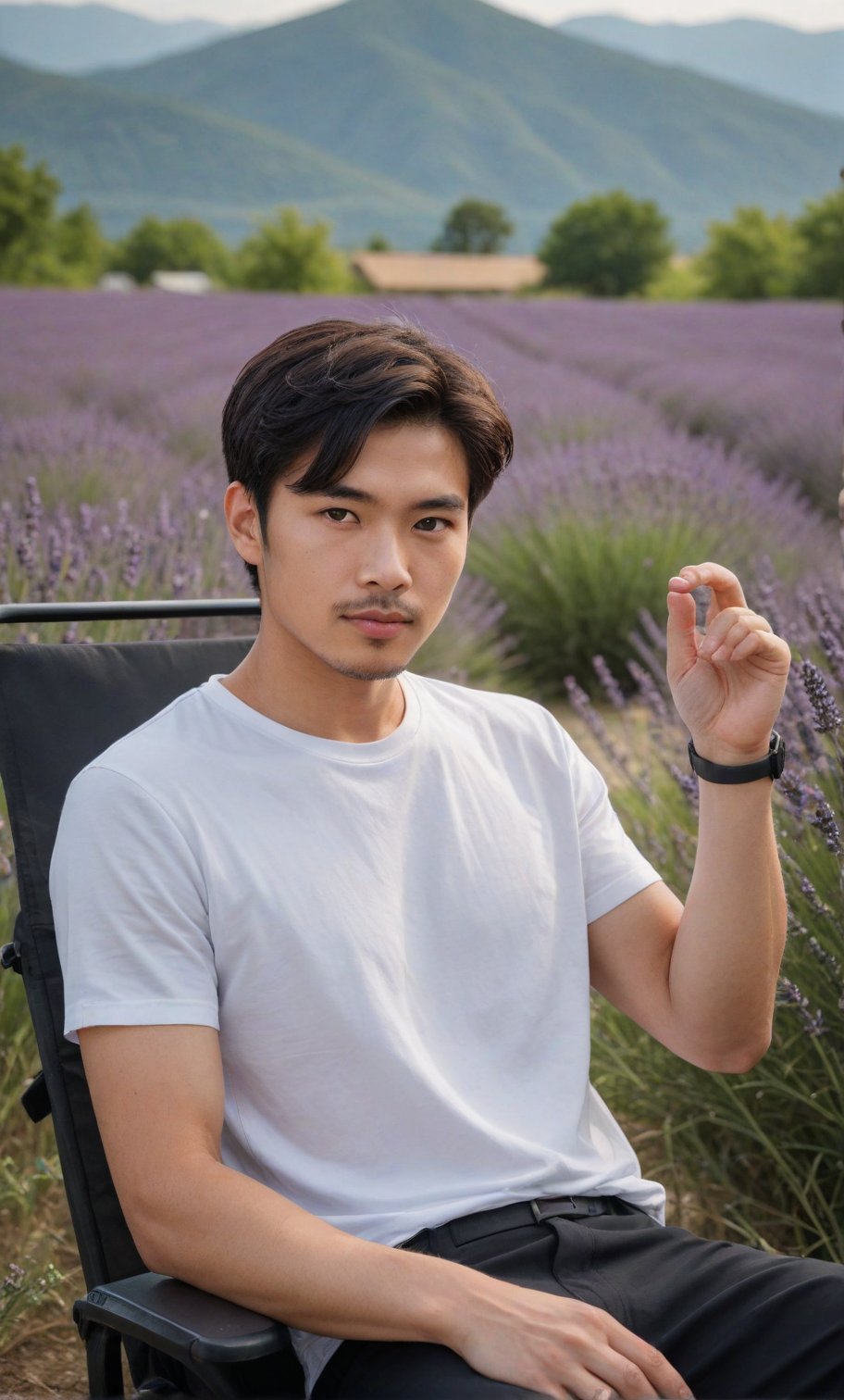 solo, looking at viewer, short hair, black hair, 1boy, white shirt, upper body, sae of flower,short sleeves, male focus, an endless deep horizon background, black eyes, lavender, facial hair, realistic Lavender, lavender,Handsome Taiwanese, 

Sit next coffee cup on camping chair with smart pose against the Lavender field backdrop,black pants,

(((High-impact point: performance detailed of fingers ))), fingers, hand fingers 