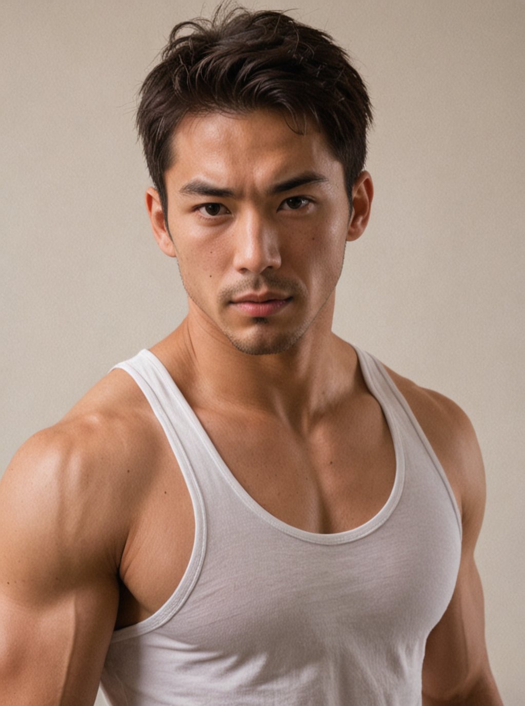 Score_9, score_8_up, score_7_up, score_6_up, score_5_up, score_4_up, rating_questionable,A sultry masculinity embodied in an Americano shot portrait: A rugged Japanese man with piercing dome eyes, short hair, and chiseled physique glistens with sweat, radiating health after an intense workout. He stands tall, wearing a fitted white tank top that accentuates his impressively chiseled muscles. Sharp focus and flat colors emphasize the textured oiled skin as he strikes a provocative pose, exuding confidence and masculinity.