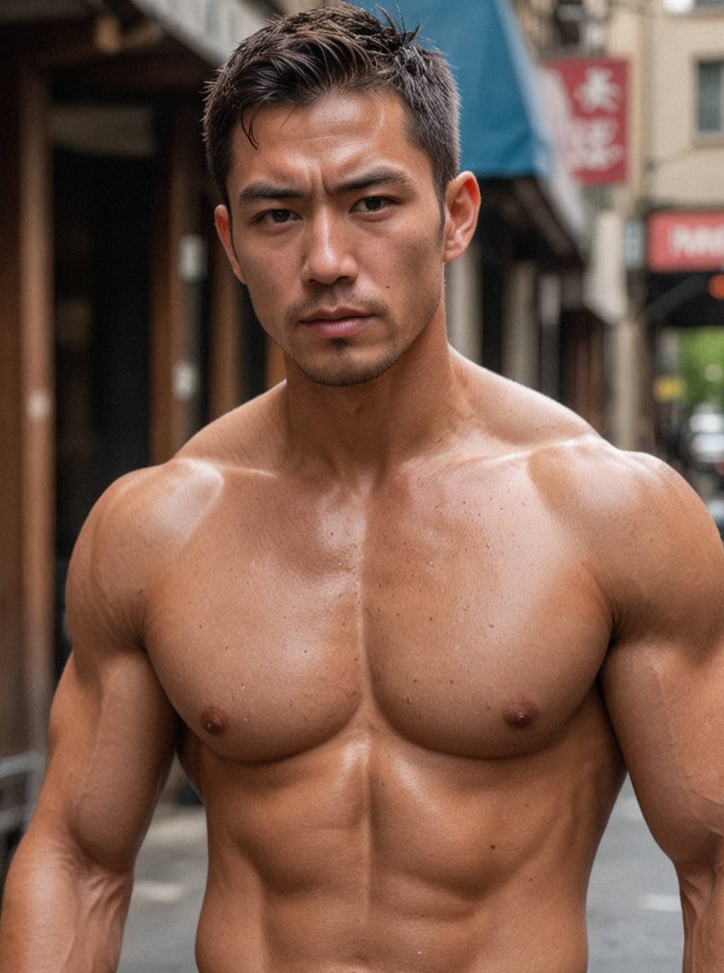 A rugged Japanese man with piercing dome eyes, short hair, and chiseled physique glistens with sweat, radiating health after a intense workout. In an Americano shot portrait ( fullbodyshot), flat colors and sharp focus highlight his impressively chiseled muscles, oiled skin, and alluring texture as he strikes a provocative pose. Buff body, coital contact 