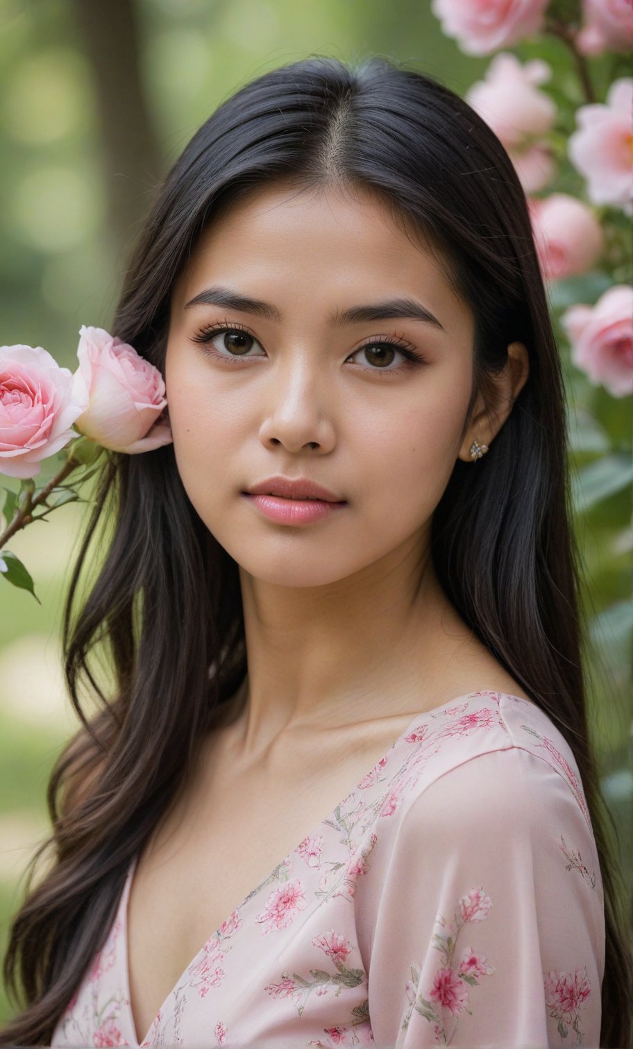 A solo Thai girl, with long black hair framing her face, looks directly at the viewer from outdoors. She wears a soft pink dress with rose pattern, showcasing her toned upper body. A bouquet of pink flowers, including a prominent pink rose is held delicately in her hands, with a clear space between each hand. Her facial features are accentuated by black eyes and subtle facial hair. The blurred background and focused pink flower in the foreground create a dreamy atmosphere, drawing attention to her captivating gaze.