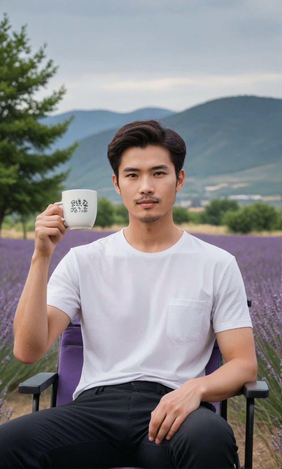 solo, looking at viewer, short hair, black hair, 1boy, white shirt, upper body, sae of flower,short sleeves, male focus, an endless deep horizon background, black eyes, lavender, facial hair, realistic Lavender, lavender,Handsome Taiwanese, 

Sit next coffee cup on camping chair with smart pose against the Lavender field backdrop,black pants 