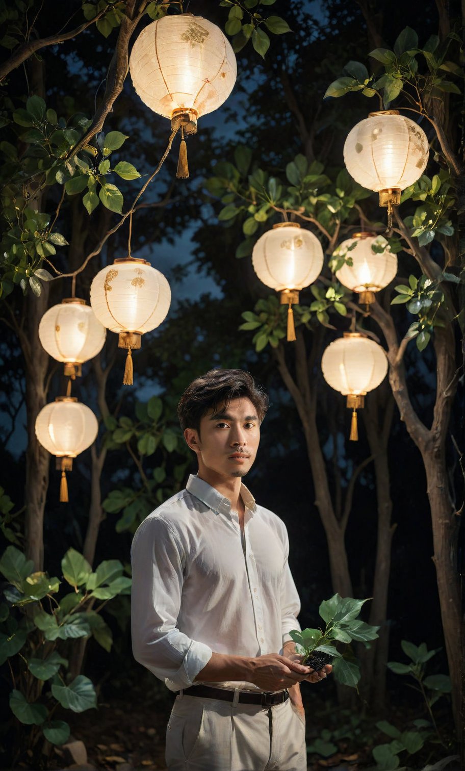 solo, looking at viewer, shirt, black hair, 1boy, holding, white shirt, male focus, outdoors, collared shirt, pants, tree, facial hair, leaf, plant, lantern, realistic, lamp, Hand taking China lantern, strict face features, High-quality detailing, 4K resolution captures,  night deep darkness surrounding him 