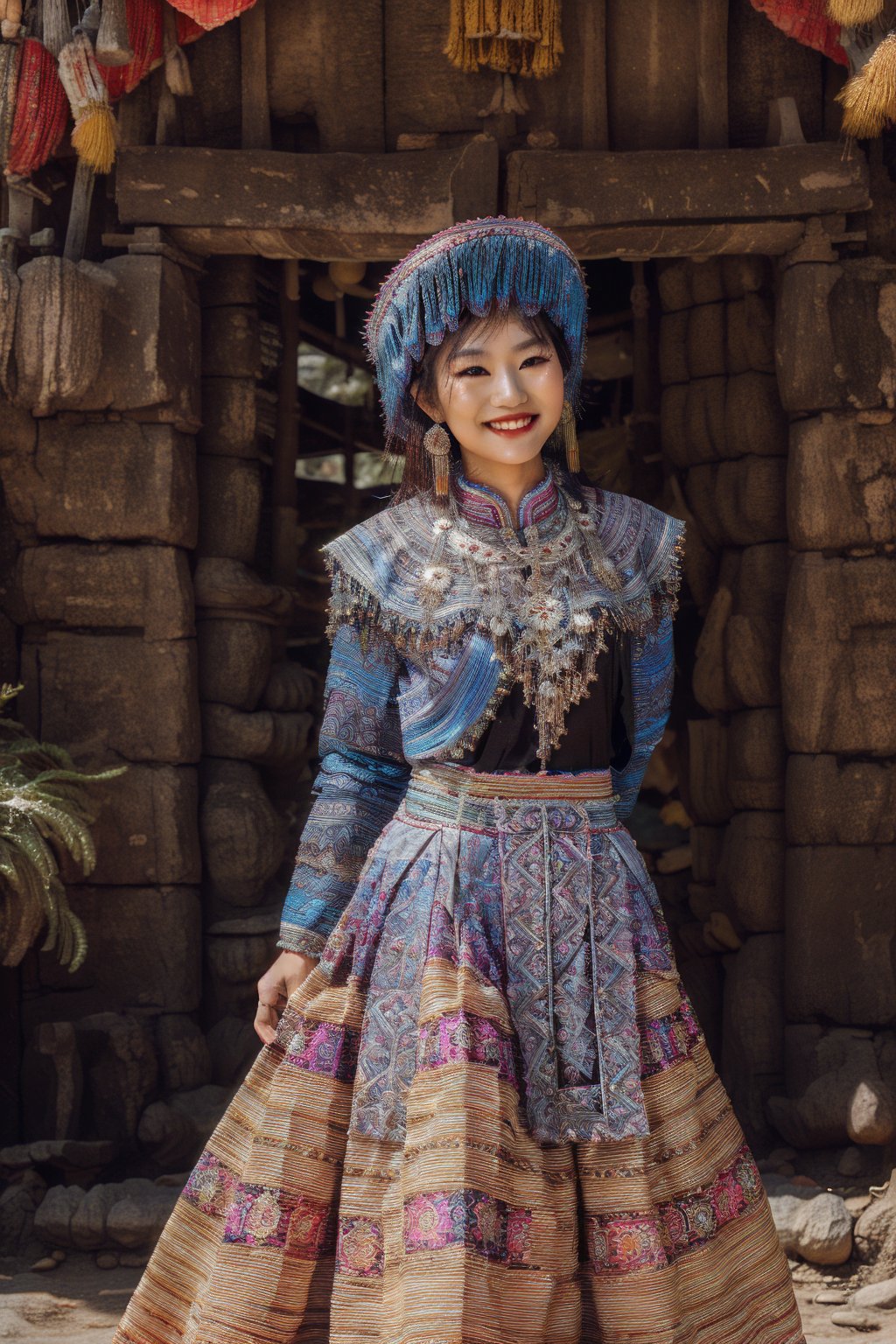 A stunning Hmong Thai girl, poses confidently in her vibrant traditional attire. The intricately embroidered jacket and flowing skirt are a kaleidoscope of colors, with golden threads shining like miniature suns. Her bright smile and piercing eyes sparkle under the warm sunlight, Doi-intanon,Thailand  .

( high-impact strictly Hmong outfit ), (( white hmong outfit))