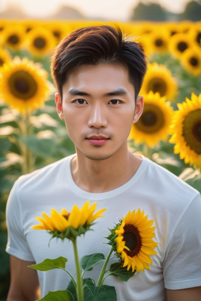 multi rows of sunflowers, tall as he waist,
Young chinese man stands tall and smelling the sunflower, his muscular in white t-shirt. He is holding a bouquet of flowers wrapped in paper. His striking eyes, lock intensely camera, while full and pink lips,Stubble,blonde hair, dynamic pose ,Bokeh by F1.4 Lens,soft bokeh bulr