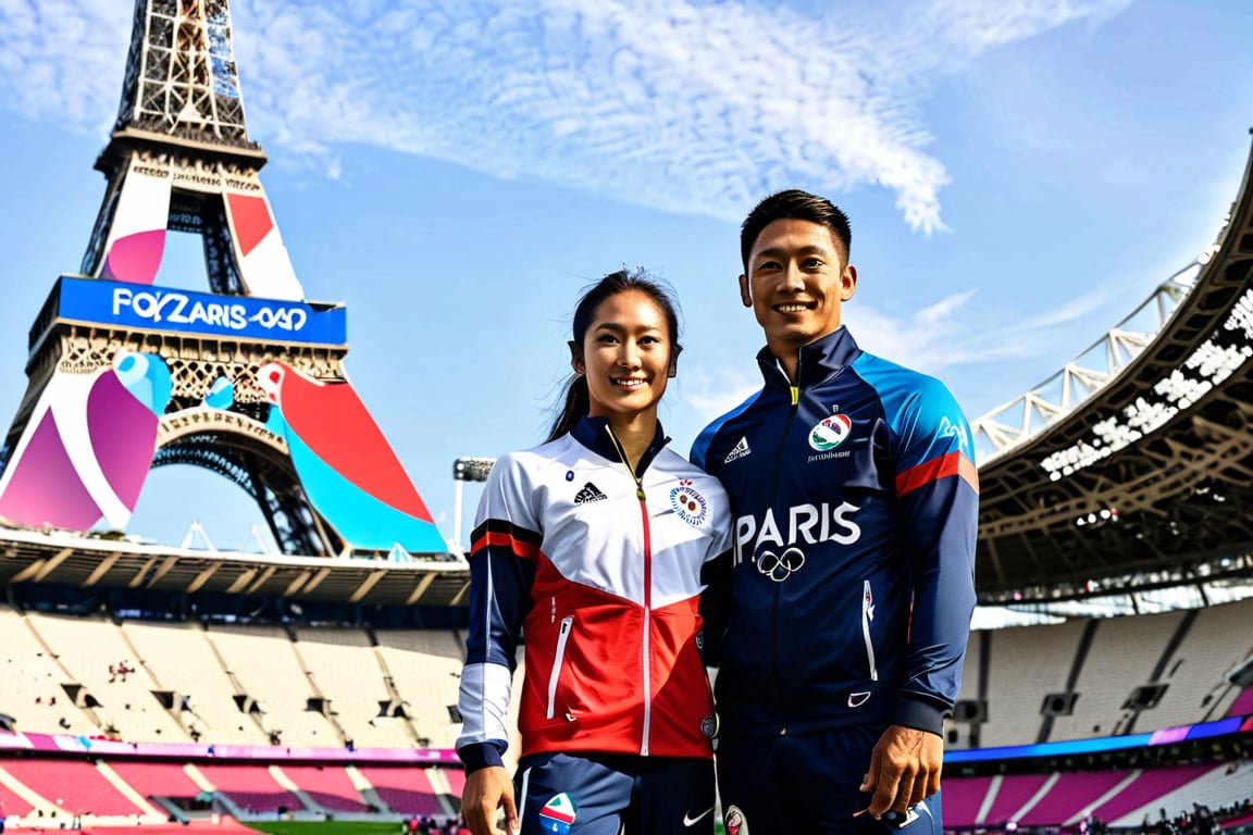 A triumphant asian male and female athlete stands out in the Olympic stadium's. The "PARIS 2024" text and Olympic logo behind them. The Paris Eiffel far away in the background