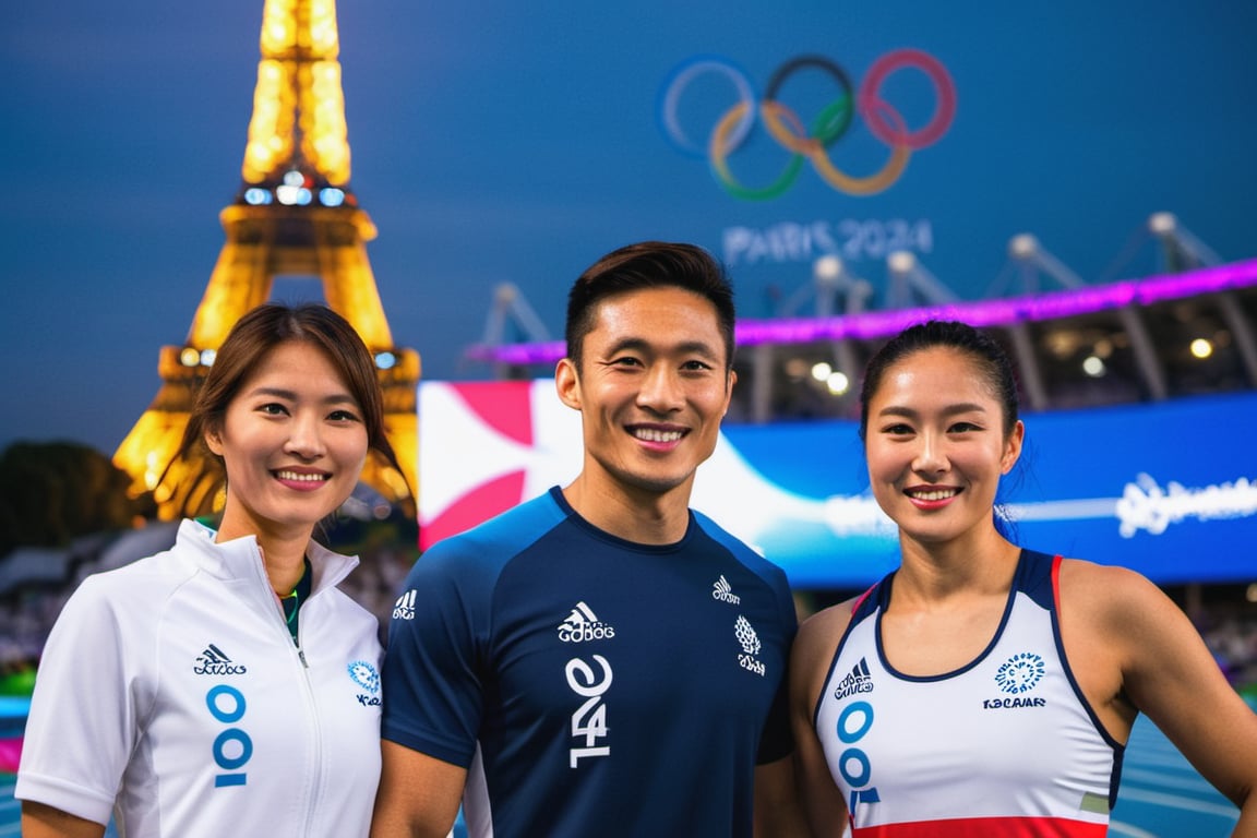 A triumphant asian male and female athlete stands out in the Olympic stadium's. The "PARIS 2024" text and Olympic logo behind them. The Paris Eiffel far away in the background