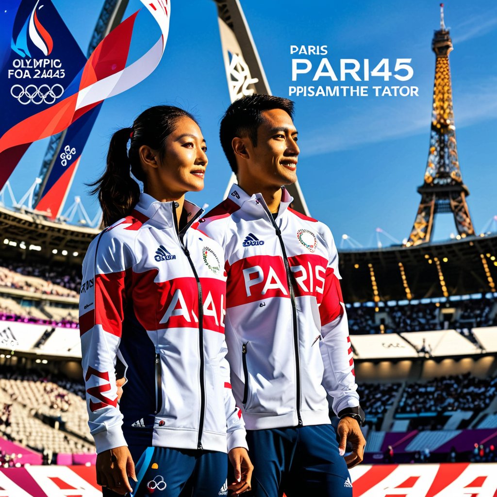 A triumphant asian male and female athlete stands out in the Olympic stadium's. The "PARIS 2024" text and Olympic logo behind them. The Paris Eiffel far away in the background