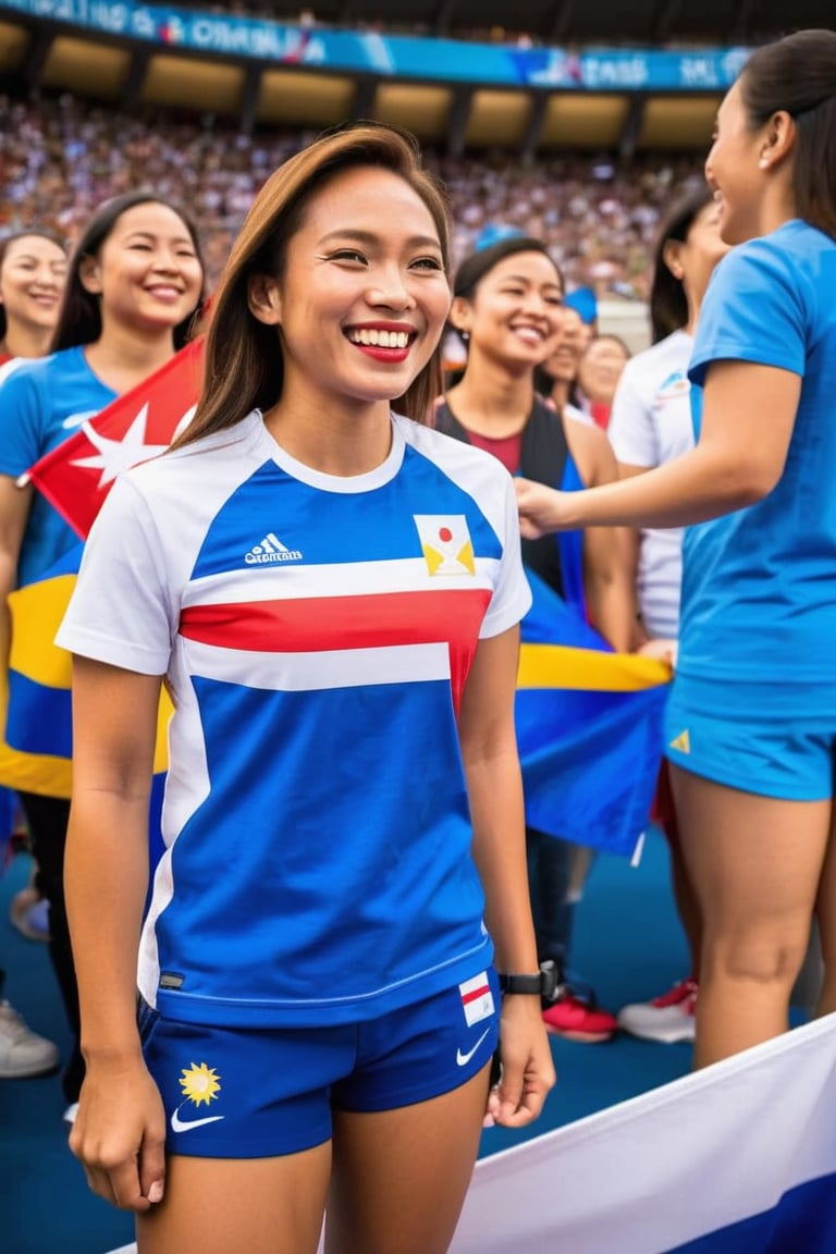 A triumphant Filipina athlete stands out amidst a sea of athletes in the Olympic stadium's packed seating area, her radiant smile beaming confidence as she holds the Philippine flag aloft. Wearing a white t-shirt and blue and red sport shorts, she shines against the vibrant atmosphere. The "PARIS 2024" text and Philippine flag emblem on her shirt add a pop of color. Her dynamic pose exudes energy, with the iconic Paris Eiffel Tower rising majestically in the background, bathed in warm sunlight.,Sopra