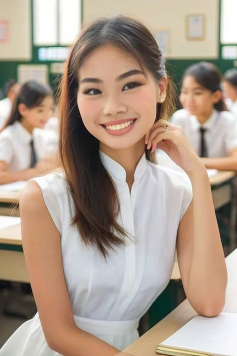 A profile shot of a slender Asian model girl wearing a crisp white office blouse dress and a hair clip, shyly smiling as she sits at her desk in a bustling classroom. The dynamic sitting pose showcases her delicate features and subtle elegance amidst the crowded room. Extremely realistic depiction with masterful attention to detail, best quality and sharp focus,extremely detailed