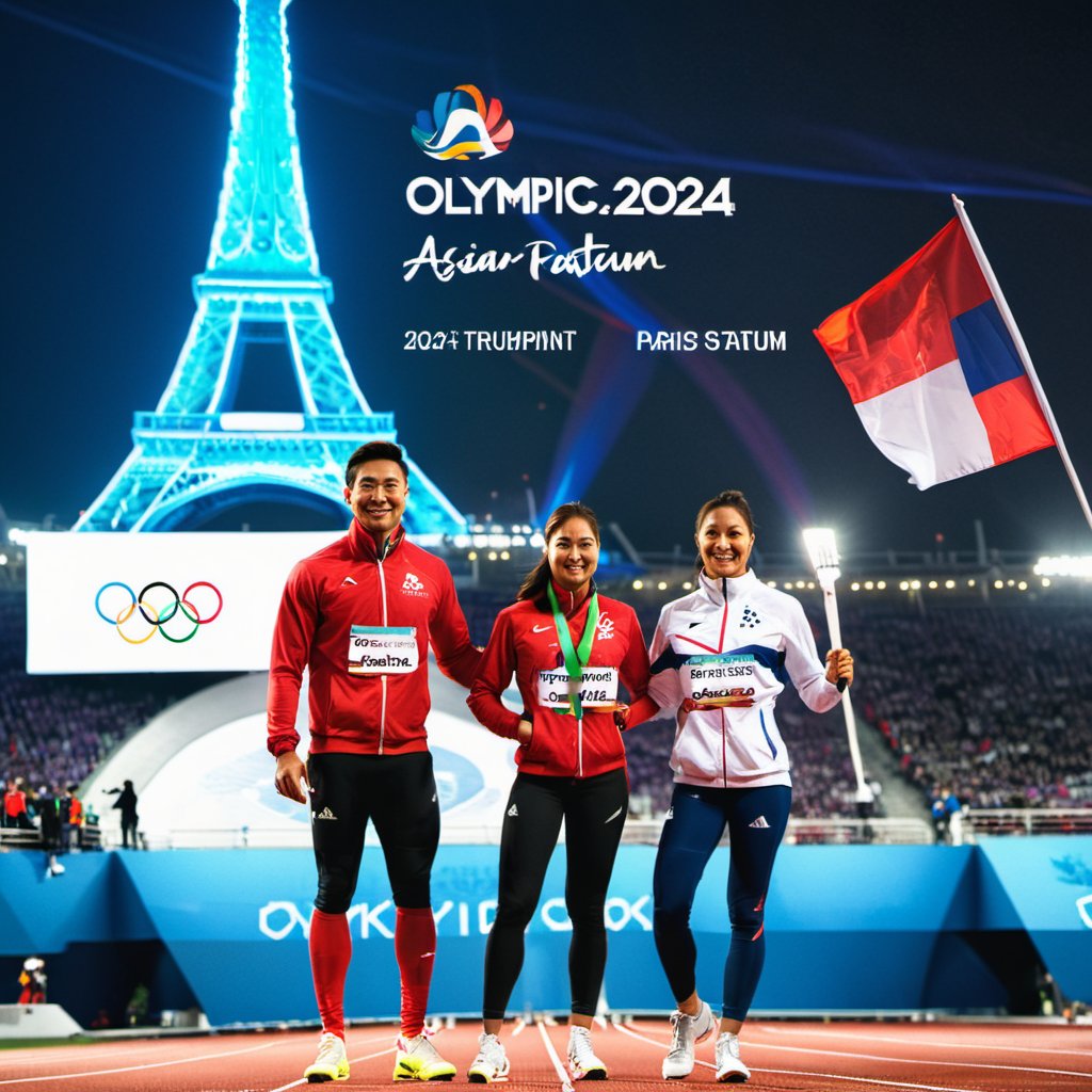 A triumphant asian male and female athlete stands out in the Olympic stadium's. The "PARIS 2024" text and Olympic logo behind them. The Paris Eiffel far away in the background