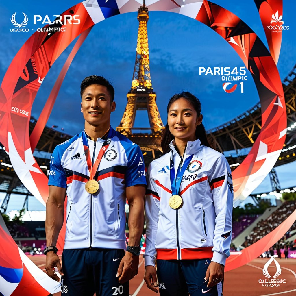 A triumphant asian male and female athlete stands out in the Olympic stadium's. The "PARIS 2024" text and Olympic logo behind them. The Paris Eiffel far away in the background