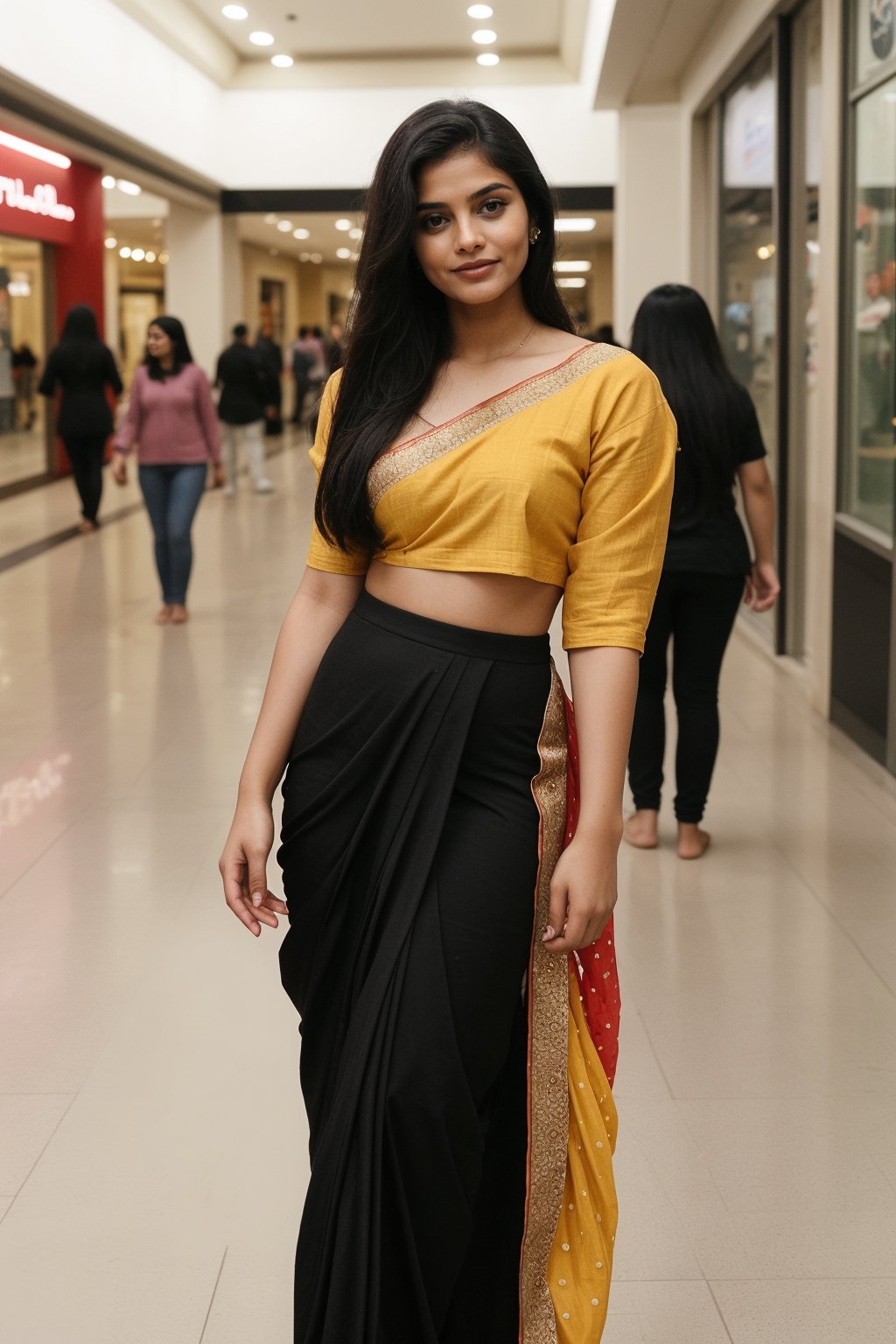 hot realistic indion girl  ,beautiful cute mature attractive indian teenage girl, city girl, 25 years old, cute,  Instagram model, long black hair, colorful hair, warm, dacing, in mall , western dress, makeup, indian ,Indian, Saree
