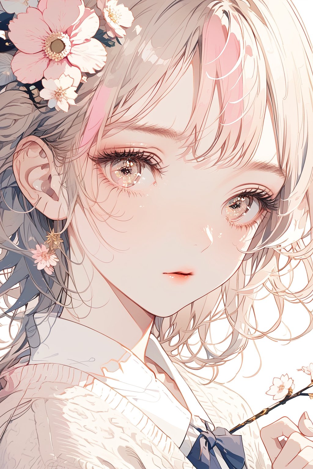 distinct_image, highres, hyper_detail eye, beautiful face, Illustration, masterpiece, 1 girl, solo, school uniform, knit cardigan, bobbed hair, light pink hair, gold eyes, flowers in the eyes, full body