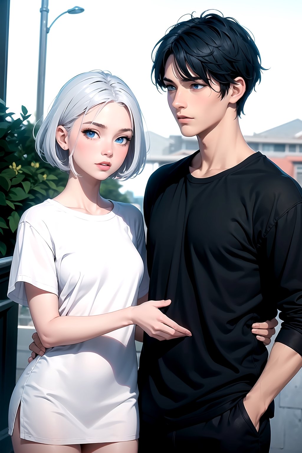 a girl with short blue hair and blue eyes with a white-haired boy with blue eyes