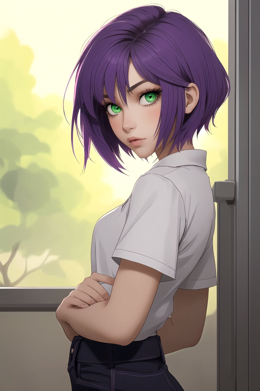 girl with short purple hair and green eyes