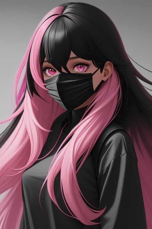 a girl with long hair that is half pink and half black, with dark eyes and wearing a mask