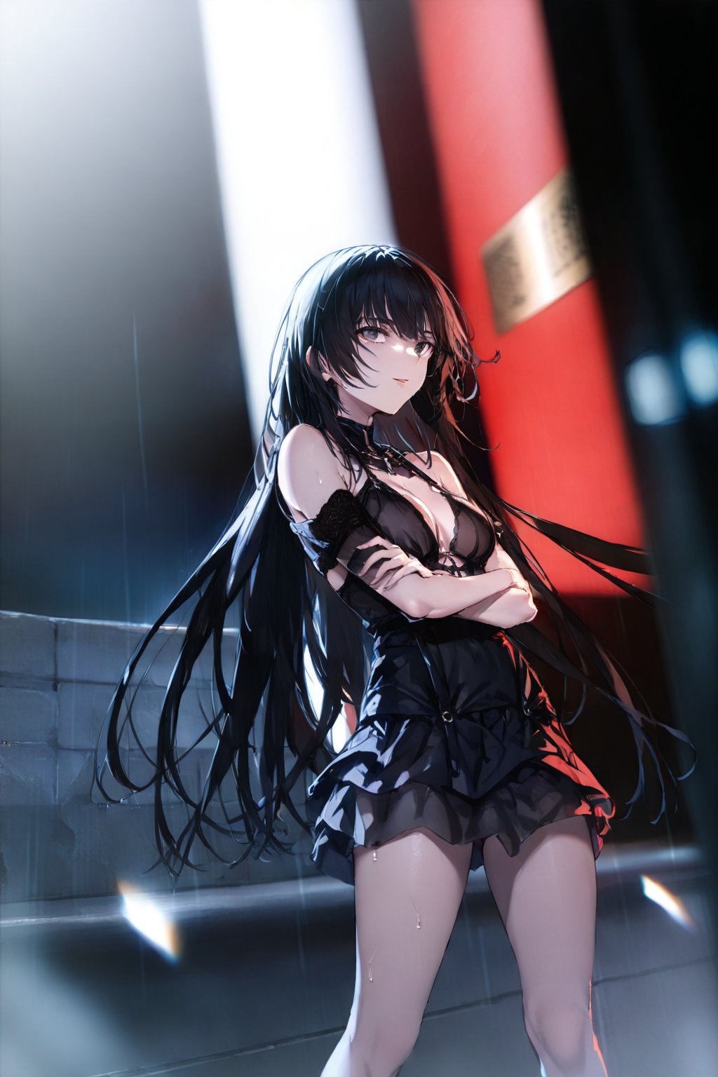 {artist:toshizou_(0714)},[[artist:jyt]],[[artist:misaka_12003-gou]],
(cinematic_lighting, low_angle_shot, rule_of_thirds:1.4)
(1girl, long_wavy_black_hair, fair_skin, black_eyes,  slight_smile:1.3),
(delicate_features, full_lips, slightly_pouty_expression, playful_wink:1.2),
(slender_figure, toned_legs,  soft_curves, athletic_build:1.2),
(black_lace_dress, revealing_outfit,  sheer_fabric,  open_back:1.3),
(standing_pose, arms_crossed,  one_hand_on_hip,  legs_slightly_apart:1.3),
(raining_heavily,  rain_drops_blurring_background,  wet_pavement,  neon_lights:1.1),
(ancient_temple,  stone_columns,  red_lanterns,  japanese_architecture:1.1),
high_quality, ultra_detailed, photorealistic,  soft_lighting,  dynamic_composition