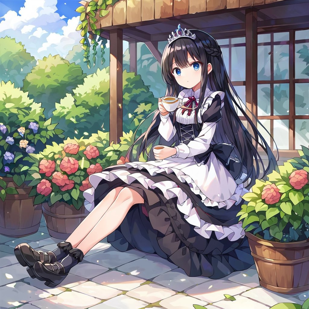 score_9,score_8_up,score_7_up,source_anime,rating_safe,full body,garden, day,light particles, BREAK 
1girl, 18years old, black hair, long hair, braided crown, dashed eyes, sitting, tea set, gothic lolita, (lace, frill:1.2), princess, silver tiara, 