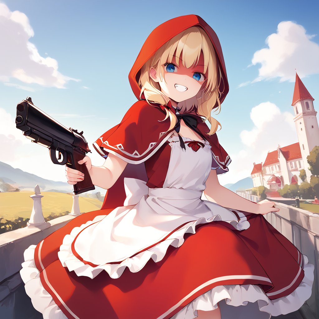 score_9, score_8_up, score_7_up, source_anime, BULLETA,blonde hair,blue eyes,,red dress,red hood,red capelet,apron,white bloomers, Perfect Hands, gun, gunatyou,
looking at viewer,fang,shaded face,evil grin,
little red riding hood \(grim\) \(cosplay\),little red riding hood (grimm) (cosplay), 
masterpiece, best quality, 8k, ultra-detailed,