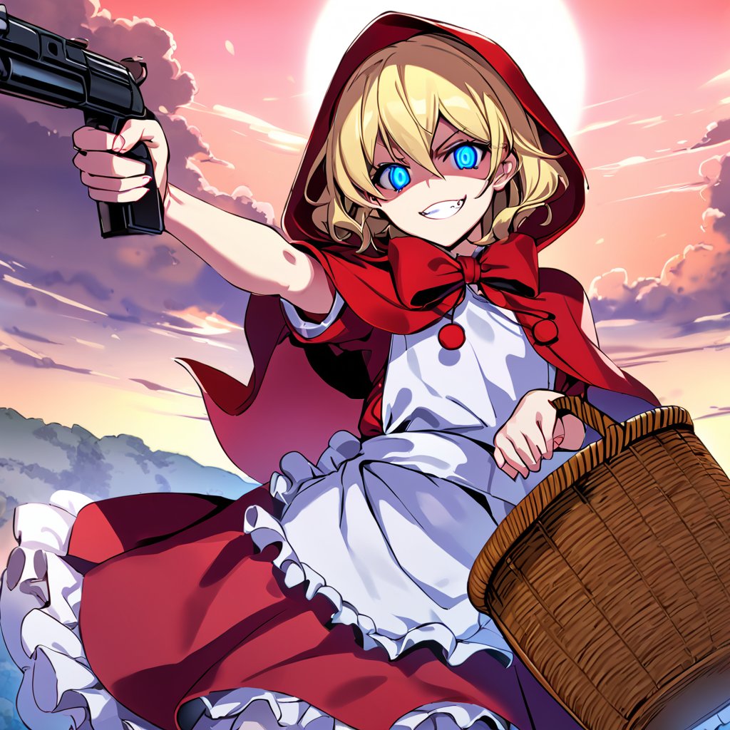 masterpiece, best quality, 8k, ultra-detailed,BULLETA,blonde hair,blue eyes,little red riding hood (grimm) (cosplay),red dress,red hood,red capelet,apron,white bloomers,
 little red riding hood \(grim\) \(cosplay\),basket, hooded capelet, holding basket, red cloak, hood,
,apron,looking at viewer,fang,glowing eyes,shaded face,evil grin,gun, 