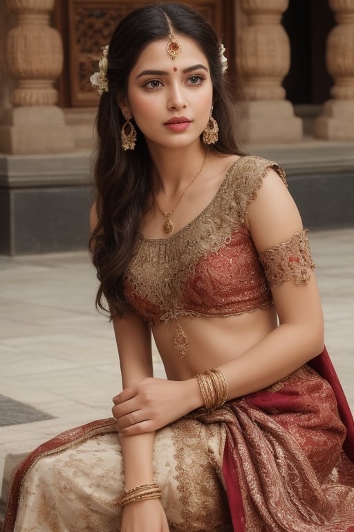 "Create a high-resolution image of an Indian model. The model should have traditional Indian features, including dark hair, brown eyes, and warm skin tone. She is wearing a beautifully adorned traditional Indian outfit, such as a sari, in vibrant colors like red or royal blue, with intricate gold embroidery. Her hair is styled in a traditional updo, adorned with jasmine flowers, and she is wearing traditional jewelry, including a maang tikka, jhumka earrings, and bangles. The background is a festive Indian setting with rich cultural elements, such as an ornate temple or a lively marketplace."