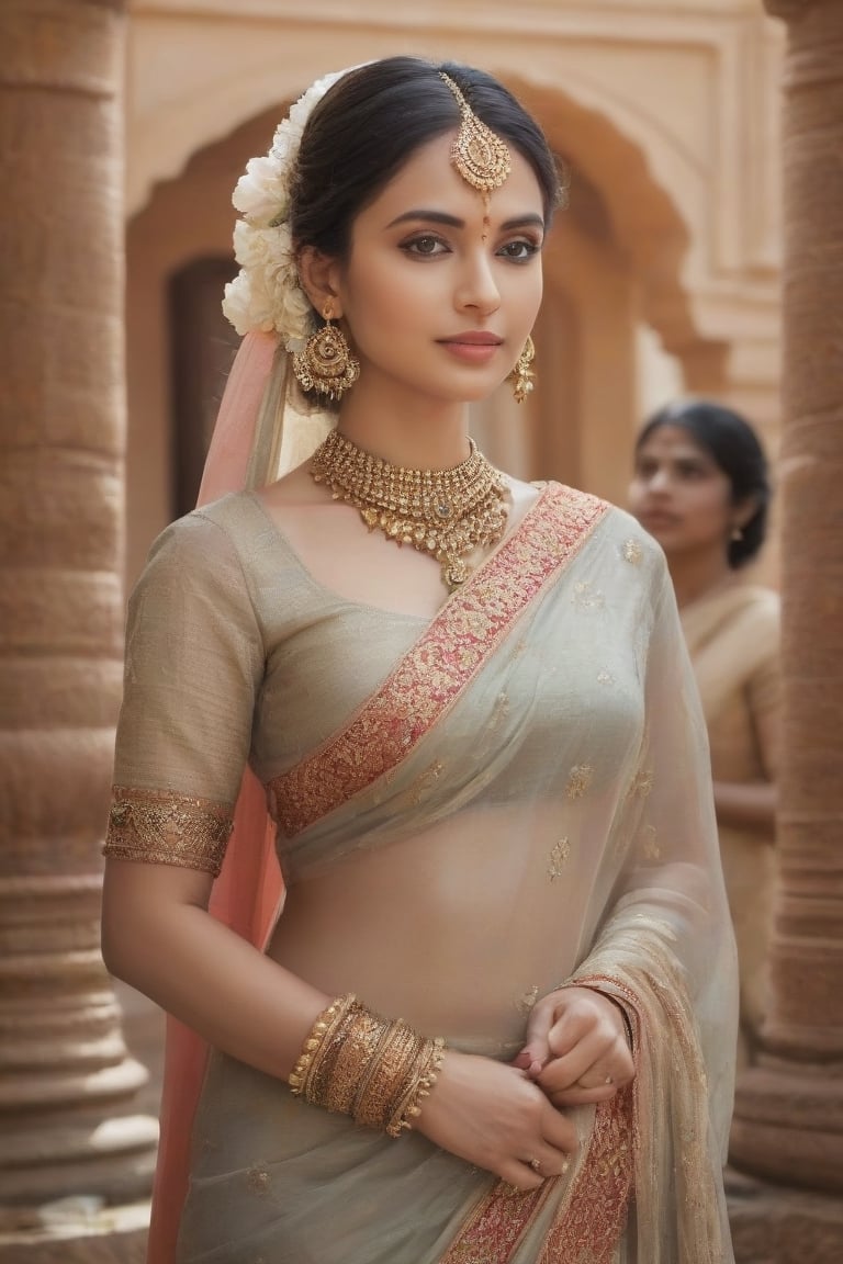 "Create a high-resolution image of an Indian model. The model should have traditional Indian features, including dark hair, brown eyes, and warm skin tone. She is wearing a beautifully adorned traditional Indian outfit, such as a sari, in vibrant colors like parpal or royal peach, with intricate gold embroidery. Her hair is styled in a traditional updo, adorned with jasmine flowers, and she is wearing traditional jewelry, including a maang tikka, jhumka earrings, and bangles. The background is a festive Indian setting with rich cultural elements, such as an ornate temple or a lively marketplace."