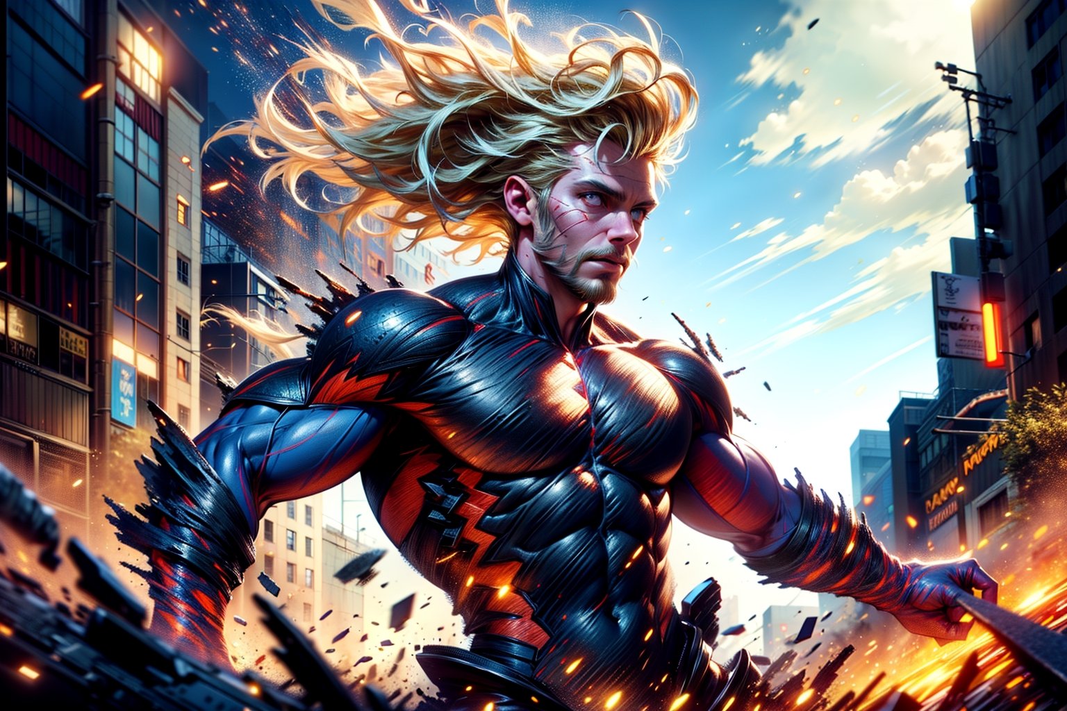  Highly detailed, high Quality, Masterpiece, beautiful,
1man, solo, power skin, doctor strange, (ejes closed, blond hair, muscular, atomic arms, slave clothes, chainsaw, downtown, detailed background, war, people, horror face

,DonM3l3m3nt4l,More Detail