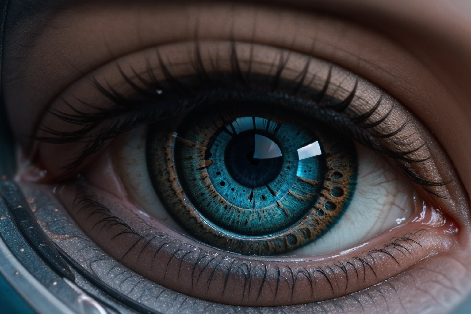 A breathtaking image of a human eyeball contained within a small glass box on a desk, closeup, macro, highly detailed, high quality surreal image, movie poster style,blue eyes,More Detail, 