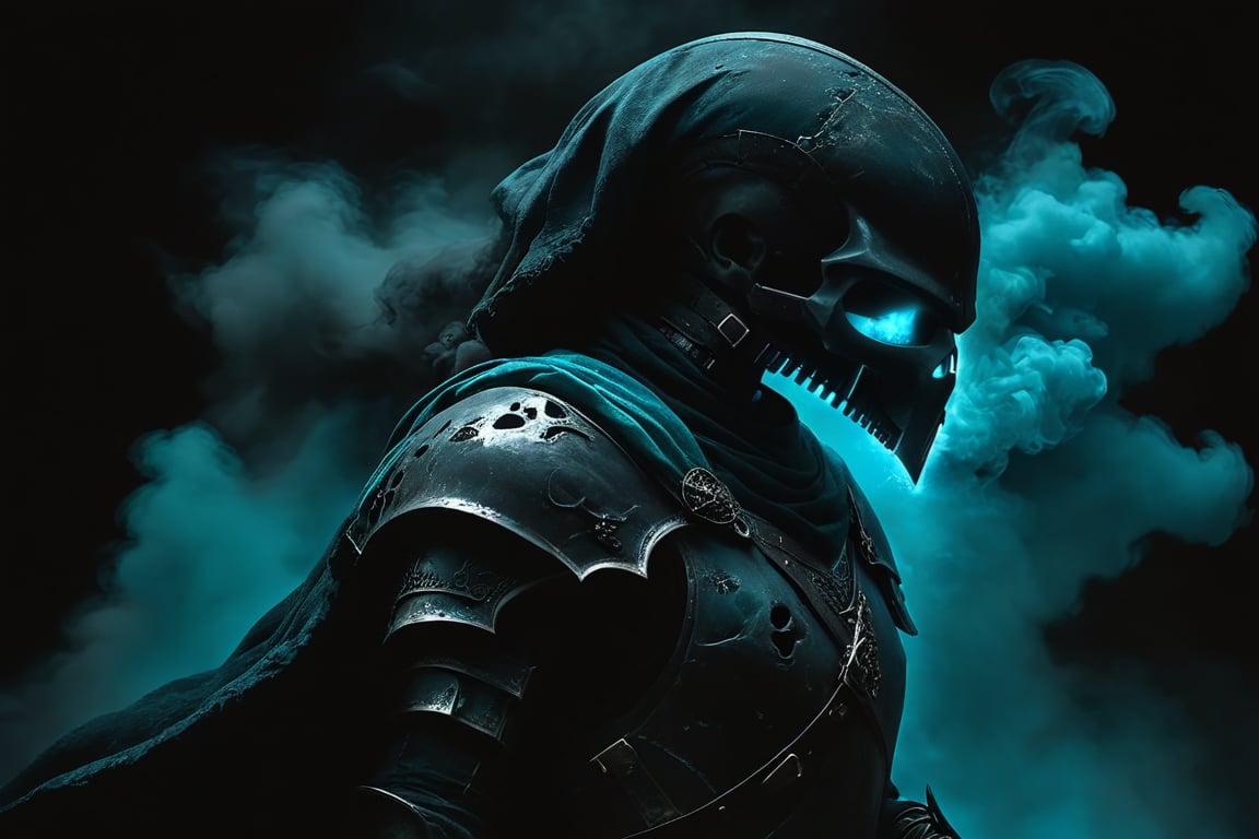 skeletton knight, skull head, blue turquoise eyes, shiny eyes, dark background, from side, coming cloud of smoke, dark smoke, walking, open mouth, dark armor, blood stains, painting, side view, holding one sword, black hood, shout, roar, cape,