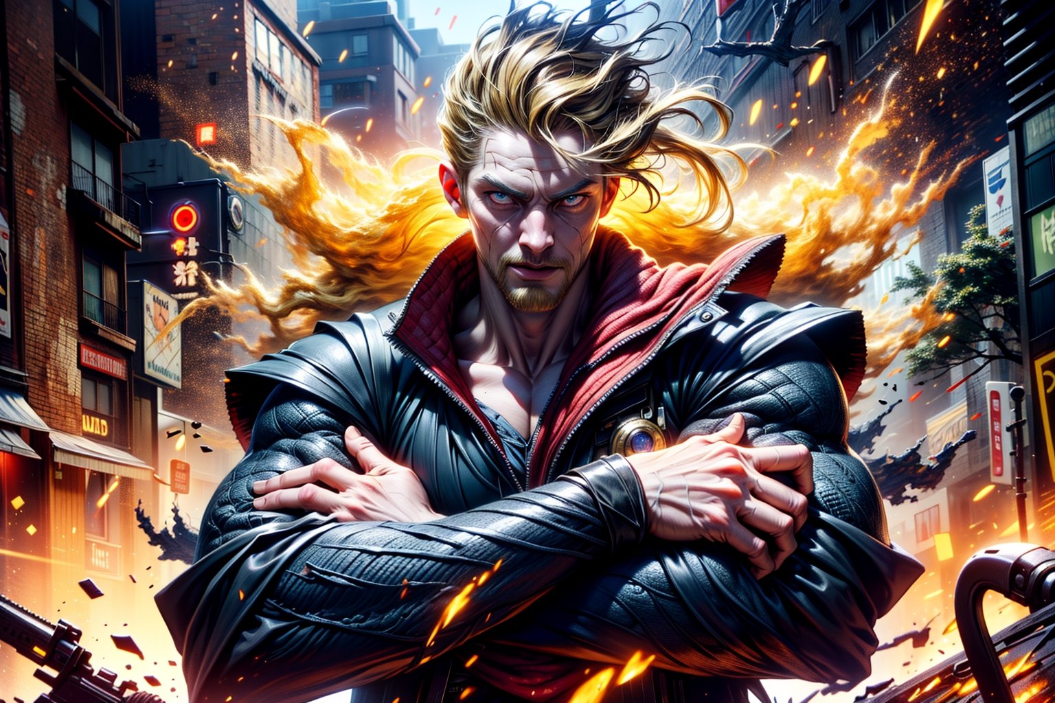  Highly detailed, high Quality, Masterpiece, beautiful,
1man, power skin, doctor strange, (ejes closed, blond hair, muscular, atomic arms, slave clothes, chainsaw, downtown, detailed background, war, people, horror face

,DonM3l3m3nt4l,More Detail