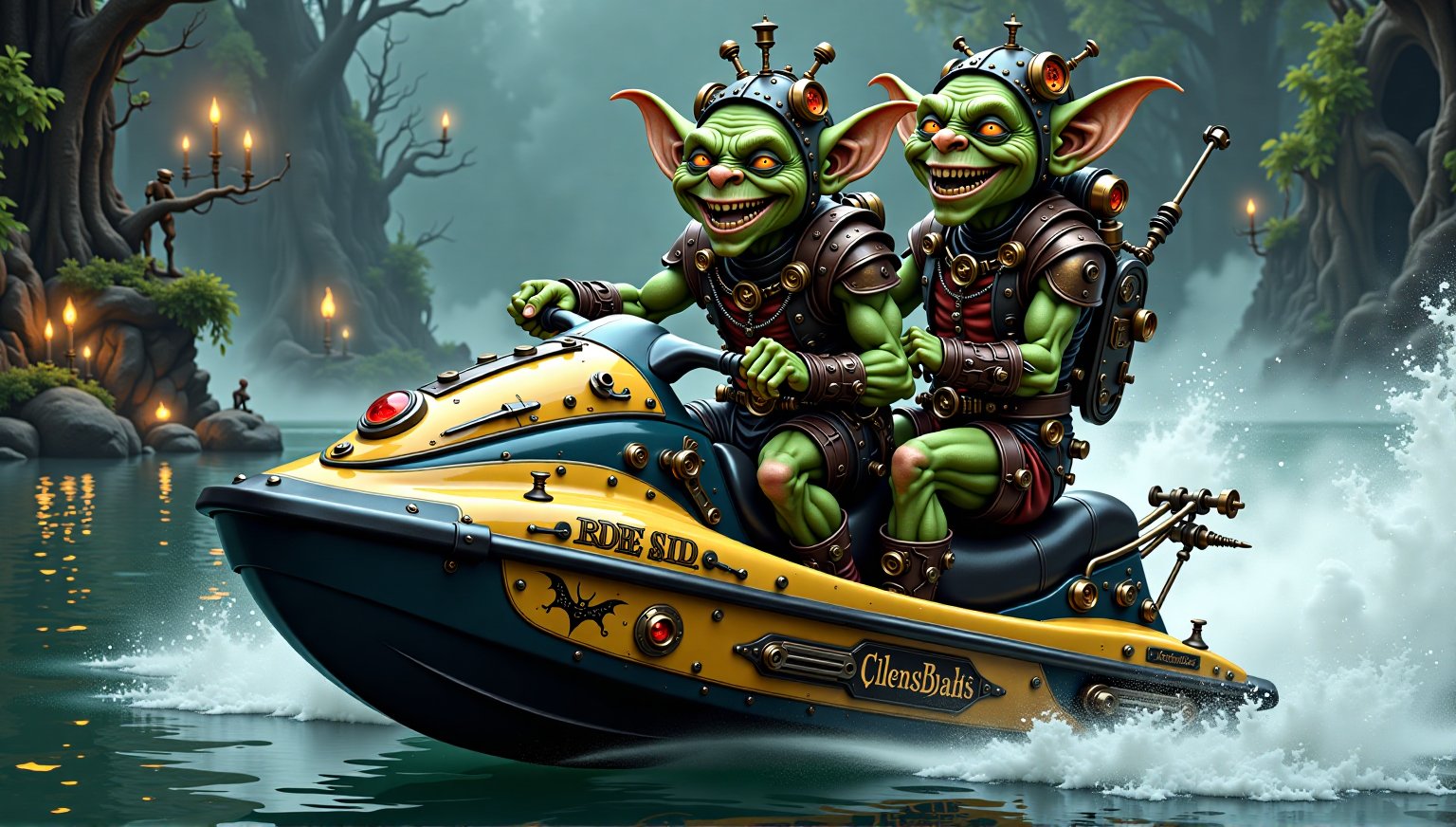 Steampunk Goblins Driving a Jetski, Goblin Jetski, laughing, infused with elements of mysticism, fantasy, or gothic, glowing flora, Nocturnal creatures, magical phenomena, or eerie, dark settings typical of Goblins,Goblin Art