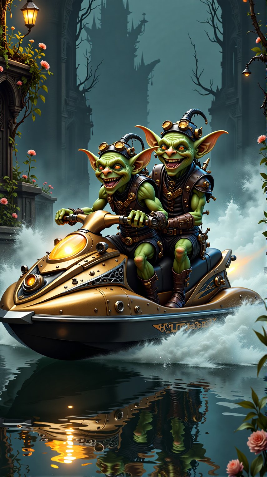 Steampunk Goblins Driving a Jetski, Goblin Jetski, laughing, infused with elements of mysticism, fantasy, or gothic, glowing flora, Nocturnal creatures, magical phenomena, or eerie, dark settings typical of Goblins,Goblin Art