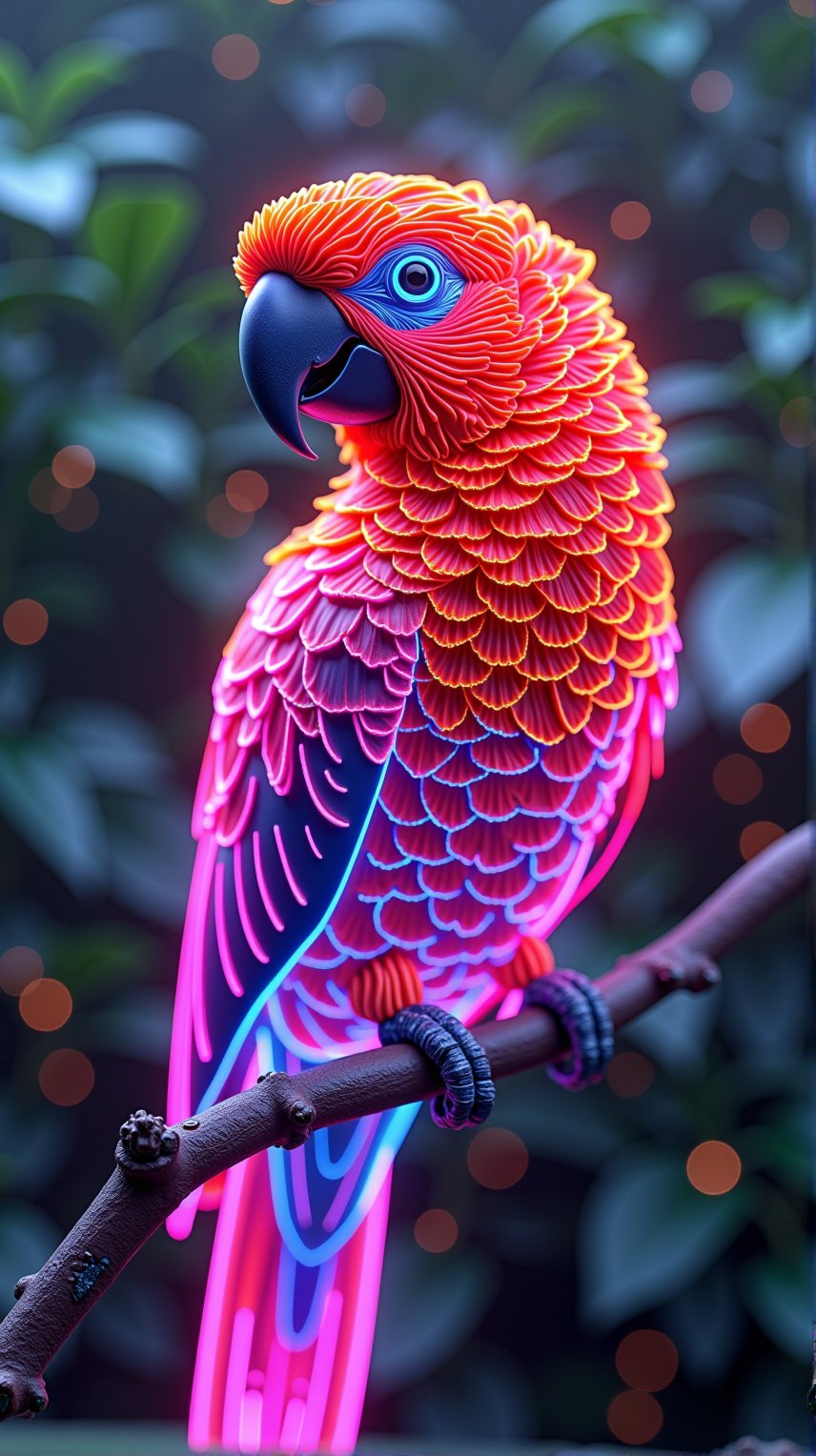 spectacular digital rendering of a neon parrot accurate lighting and shadows, 8k quality, intricate patterns, high-definition, glossy neon finish, vivid reflections, perfect lighting, in a jungle