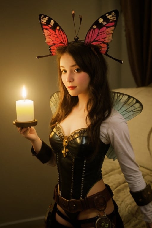 Steampunk Faery Girl,  Butterfly Wings, robot Cat, in a candle lit room ,STEAM PUNK